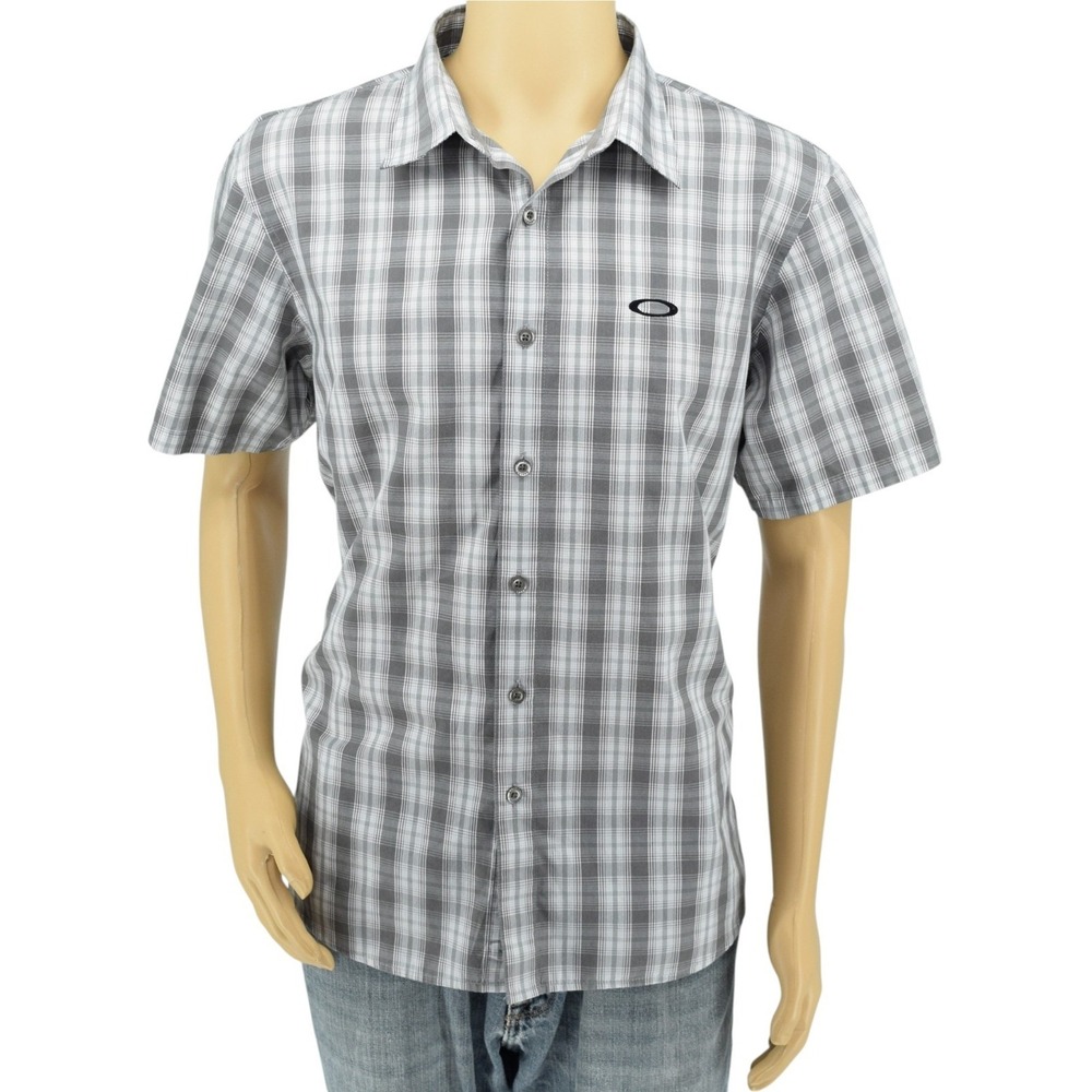 Oakley Men's‎ Large Grey/Black/White Plaid Logo Short Sleeve Button-Front Shirt
